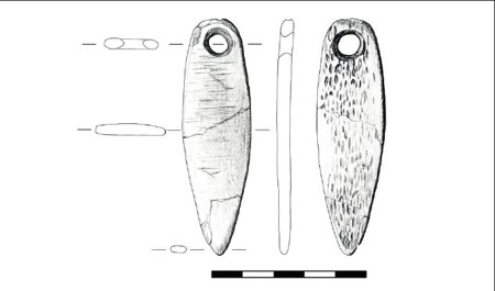 Line drawing of a narrow drop-shaped bone blade with a round hole at its broad top, shown front and back, with a thin side profile between them and small cross-section outlines to the left.