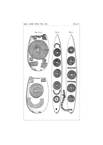Etheridge's Plate I, figures 3 and 4: the incised bullroarer from Linda Creek, its faces engraved with rows of concentric circles front and...
