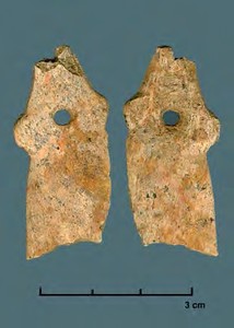 Magdalenian bone bramadera (rib-blade fragment, single end perforation) from Bolinkoba cave, Abadiño, Bizkaia — representative of the...