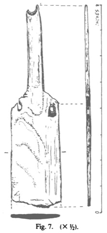 Evans’s fig. 7: the yew blade, broken terminal perforation, shoulder holes, edge profile, and inch scale.