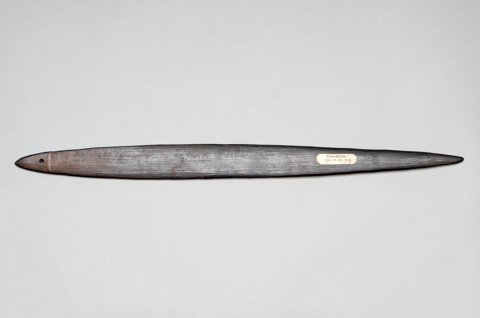 a palmwood bullroarer from the Bensbach River.