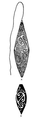 Two of Elsdon Best's drawings of Māori bullroarers: panel A, a large diamond-shaped blade carved with interlocking spirals and hung on a long...