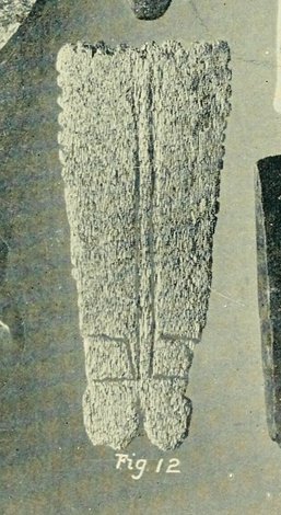 Dendy's full plate of Moriori relics from Chatham Island; the bullroarer (fig. 12) sits among the fish-hooks, chisels and blubber-knives...