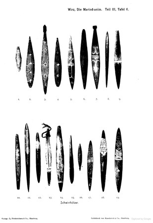 Wirz's plate of nineteen Marind schwirrhölzer, ranging from plain slivers to elaborately carved fish- and diamond-patterned blades, several...