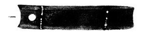 A small, worn plate photograph of an elongated wooden slat with a hole at one end and faint inlay marks down its center: the polished ironwood...