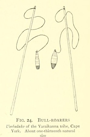 Haddon's own drawing of two painted umbalako swinging from their sticks on long looped cords — the larger iwaika used by initiated men and the...
