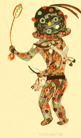 A Hopi painting of the spotted fire-god Tcolawitze, jack-rabbit in one hand, whirling a corded bullroarer overhead with the other.