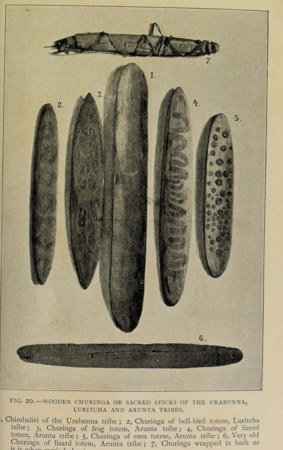 Spencer and Gillen's Figure 20 of wooden churinga: the Urabunna tribe's chimbaliri, no. 1, a smooth pointed sacred stick that the authors call...