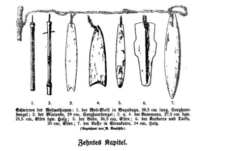 Seven West African roarers on one cord: Mossi and Minianka stalks, Bamana, Bobo, Karaboro–Turka and Bozo blades.