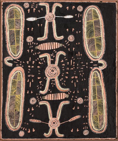 Painting on black ground of four large patterned ovals, dancing figures and small bullroarers on cords.