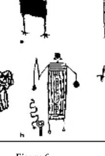Exact published drawing of Coso Fig. 6h; the bulb-ended object is variously read as club, bullroarer, rattle or bolo.