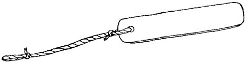 A line drawing of a long thin wooden slat pierced at one end, with a string tied through the hole.