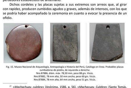 Three stone placas zumbadoras from Vicús, Museo Nacional de Arqueología, Antropología e Historia del Perú.