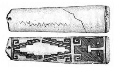 Both faces of Museo Moyano Piece 5, with its terminal drilled hole, stepped ornament and T-faced figure.