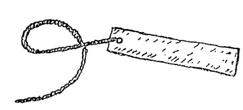 A drawing of a flat rectangular Lobi rhombe with short surface marks and a cord looped through one end.