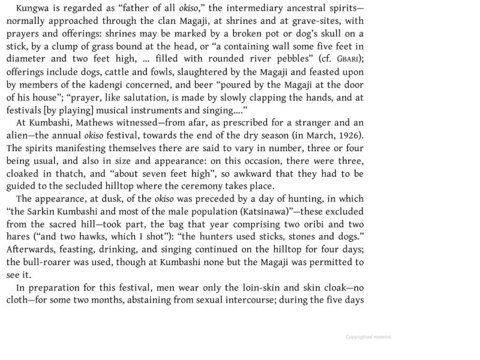 The 1926 okiso festival at Kumbashi: thatch-cloaked spirits and a roarer only the Magaji saw.