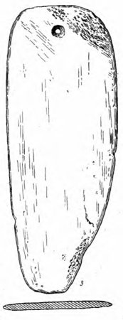 Line drawing of a long oval slate plate, slightly narrower at the bottom, with a small round hole near the top edge and a thin lens-shaped cross-section drawn underneath.