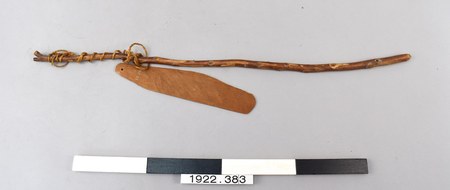The whip-mounted Xhosa bullroarer at the Museum of Archaeology and Anthropology: a flat bark blade lashed by cord to the end of a long, slender...