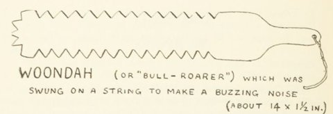 Hammond’s drawing of a broad woondah blade with zigzag notches along both long edges and a cord loop at one end.
