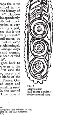 Harding's fig. 1: the Magdalenian bull-roarer pendant from Saint-Marcel, shown at twice natural size, its surface engraved with three...