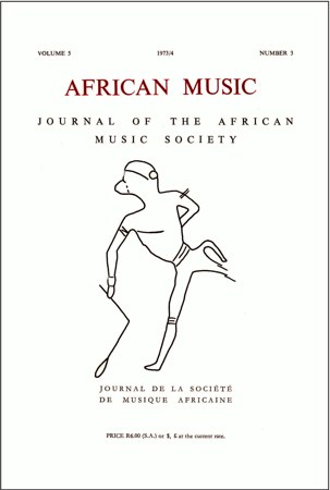 The cover of African Music 5(3) (1973/4), reproducing the Brandberg 'Baboon-man' rock-painting figure running with a bull-roarer on its cord —...