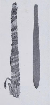 The Mekeo bull-roarer collected by Sir William MacGregor, Queensland Museum N.G. 18639, as figured by Hamlyn-Harris in 1913: a spatulate...