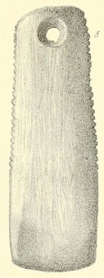 Klebs's 1882 natural-size drawing of a Schwarzort amber blade, about 10 cm long, with notched edges and one hole at the top.