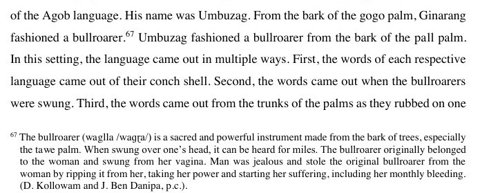 The Ende story of the bullroarers swung at the birth of language, with the waglla footnote.