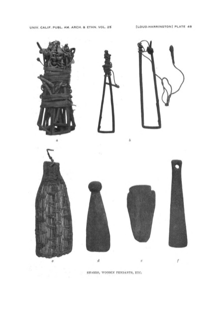 Loud and Harrington's complete Plate 48, ‘Snares, wooden pendants, etc.’; the perforated wooden pendant is fig. f.
