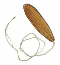 A traditional wooden Scanian bull-roarer, an oval slat on a long cord, as figured by Cajsa Lund; in 1940s Scania young men reportedly used...