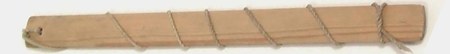 A Norwegian folk hurre, a pine slat with cord wound in bands along the shaft and tied through the single hole at one end; Norwegian fjord...