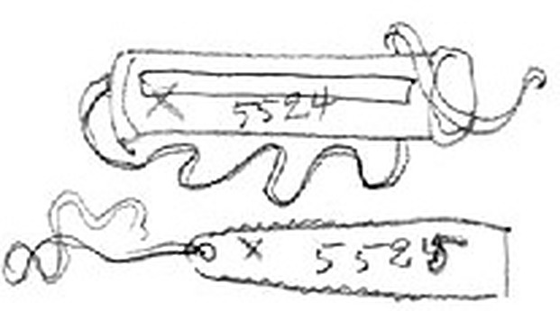 Drawing of the Ngangela kasolo and kahulihuli from Angola: a broad rectangular instrument with an inset narrow strip and loose cord above a narrower end-pierced blade with cord.