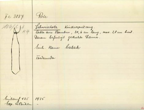 Bull-roarer 'babak', Rote (Roti), Indonesia, bamboo & cord; Bühler Expedition 1935. MKB inv. IIc 3837 (catalogue-card image).
