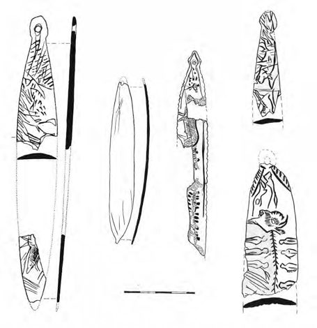 Comparative line-drawings of Magdalenian bramaderas (Aitzbitarte IV is 2nd from left); Kobie 2015 Fig. 4.