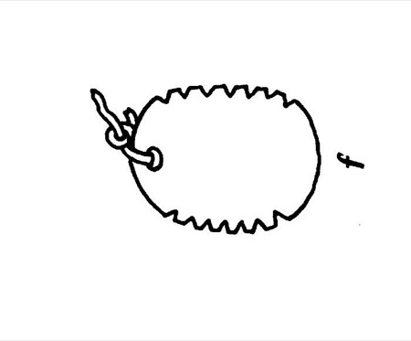Steward's own illustration of the wumuitui: an oval whirler with a saw-toothed rim, strung through a small hole near one end — the bull-roarer...