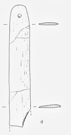 Line drawing of a long straight-sided bone strip with a small hole near its rounded top and an irregular break at the bottom, with two thin lens-shaped cross-sections drawn beside it.