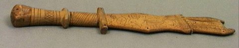 Carved wooden bullroarer, Kundu, Cameroon, before 1903.
