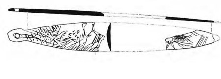 Barandiarán's line drawing of the El Pendo bramadera: a bone blade with a rounded, notch-set head pierced by a cord hole, its curved face...