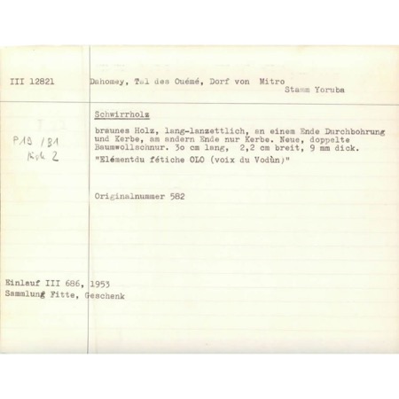Digitized MKB collection card for the Yoruba Mitro bullroarer III 12821, recording its pierced-and-corded form and calling it an element of the...