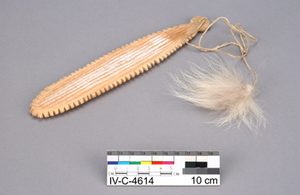 Rosie Palah's wood-and-sinew roarer with its fur tuft, Gjoa Haven, 1975.