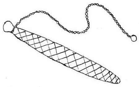 Drawing of a Ngiemboon bullroarer for the Ngiemboon dictionary: a long tapered blade crosshatched across its face, with a cord tied at one end and a loop at its free end.