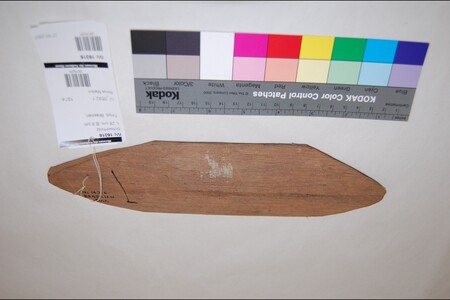 The Tiriyó specimen itself, a broad wooden board with its cord threaded through the narrowed end.