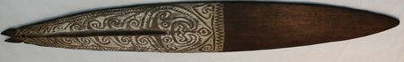 Pitt Rivers Museum 1902.68.1: the exact 74.5 cm carved and clay-filled West Papuan bullroarer.