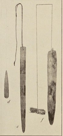 Californian bull-roarers figured by Kroeber (1925, Pl. 44): d Yokuts, e Luiseño, f Pomo — f is the Pomo specimen (Hearst Museum 1-2679, coll....
