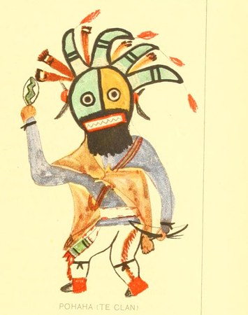 Pohaha katcina of the Te (Tewa) clan swinging the whizzer — a Tewa katcina brought to First Mesa by Tewa colonists, painted by a Hopi artist...