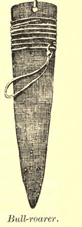 An old engraved figure of a single bull-roarer — a dark tapering blade, cord wound in tight turns below its drilled top and trailing off in a...