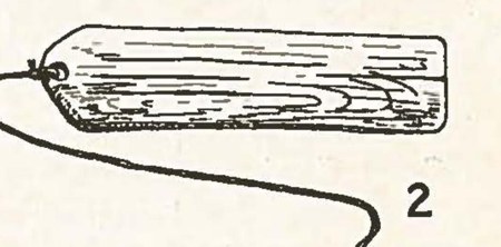 The Indian River whirligig itself, as drawn in Speck's 1942 field report (fig. 2, detail) — the oblong cypress-shingle blade on its cord,...