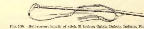 Culin's 1907 drawing of a Sioux bull-roarer and cord — shown for the general North American form, not the denticulated bull-roarer used as a...