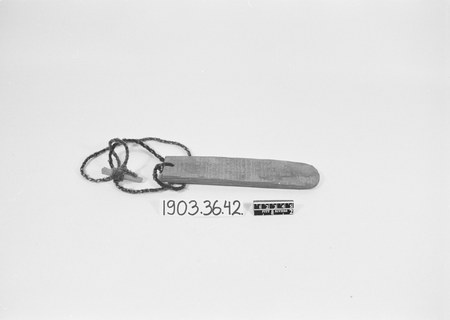 The Hopi bull-roarer itself: a flat wooden blade with a braided cord and stick handle, collected at Mishongnovi on Second Mesa by R. B....