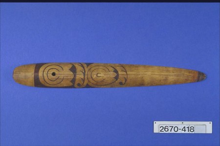 Gogodala bull-roarer with incised and burned-in figures, Gulf Province (Wereldmuseum TM-2670-418, before 1957) — the documented culture;...